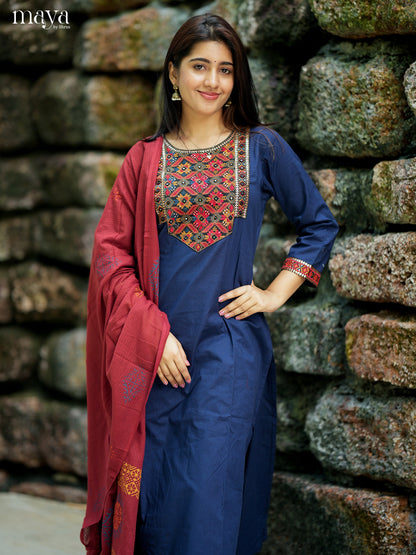 Classy Blue Cotton Salwar Suit with Maroon Embroidered Yoke Neck