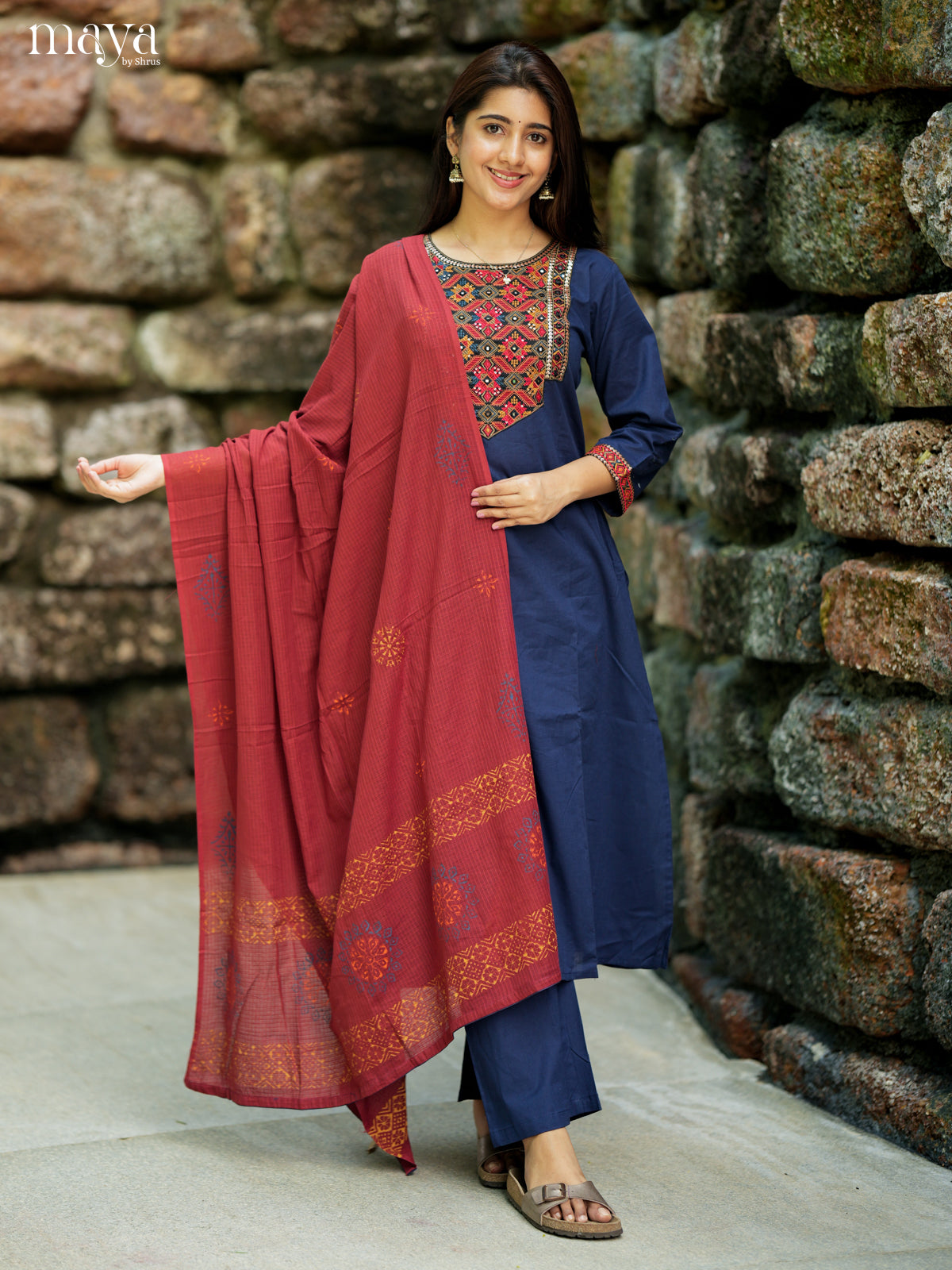 Classy Blue Cotton Salwar Suit with Maroon Embroidered Yoke Neck