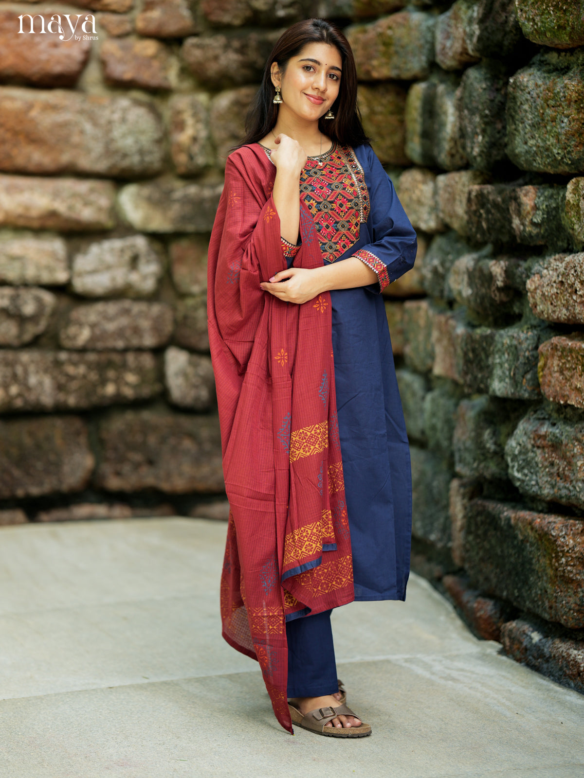 Classy Blue Cotton Salwar Suit with Maroon Embroidered Yoke Neck