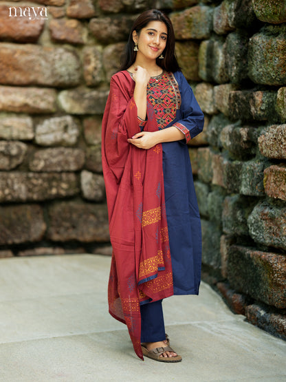 Classy Blue Cotton Salwar Suit with Maroon Embroidered Yoke Neck