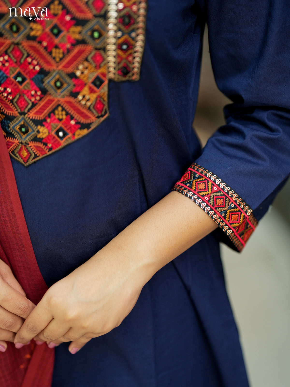 Classy Blue Cotton Salwar Suit with Maroon Embroidered Yoke Neck