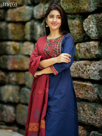 Classy Blue Cotton Salwar Suit with Maroon Embroidered Yoke Neck