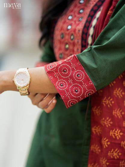 Serene Green & Red Cotton Salwar Suit with Embroidered Yoke Neck