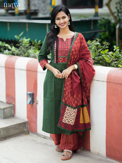 Serene Green & Red Cotton Salwar Suit with Embroidered Yoke Neck