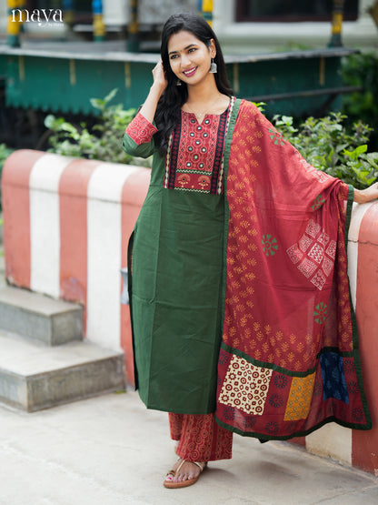 Serene Green & Red Cotton Salwar Suit with Embroidered Yoke Neck