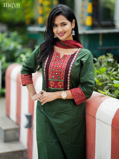 Serene Green & Red Cotton Salwar Suit with Embroidered Yoke Neck