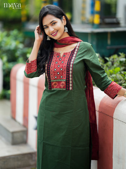 Serene Green & Red Cotton Salwar Suit with Embroidered Yoke Neck