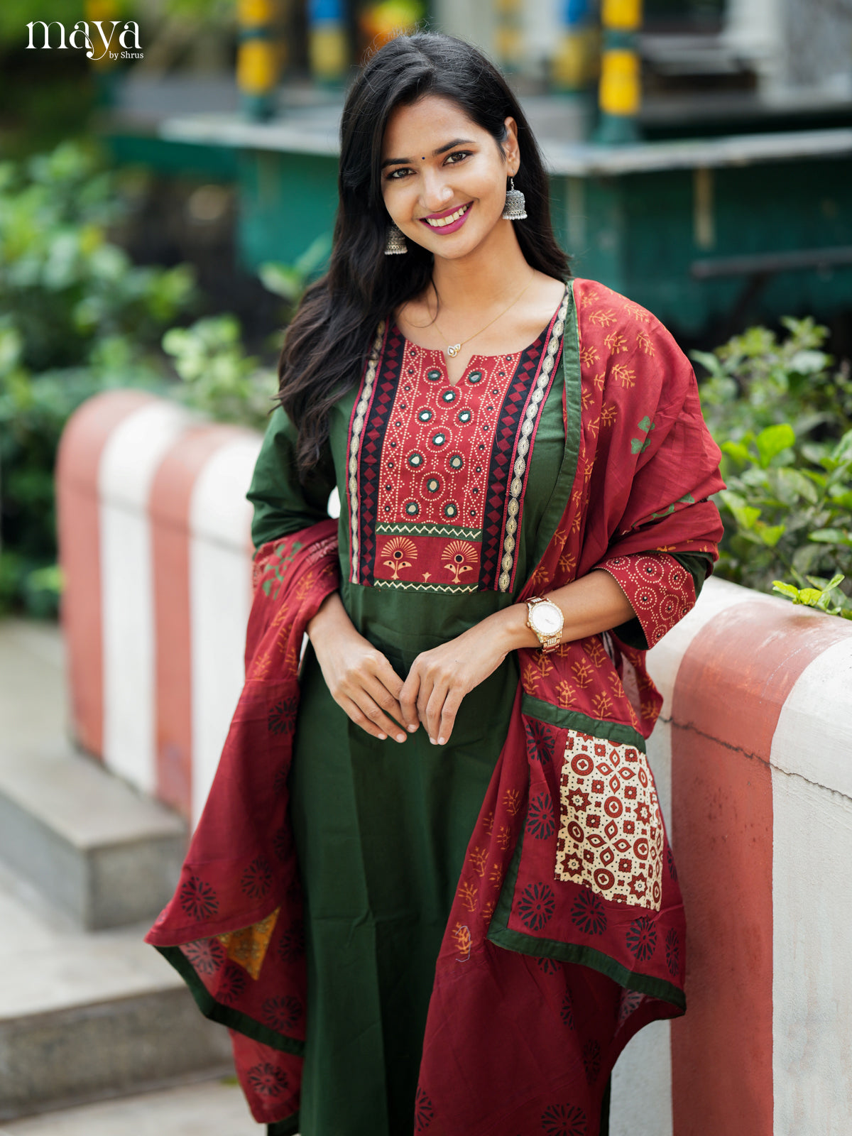 Serene Green & Red Cotton Salwar Suit with Embroidered Yoke Neck