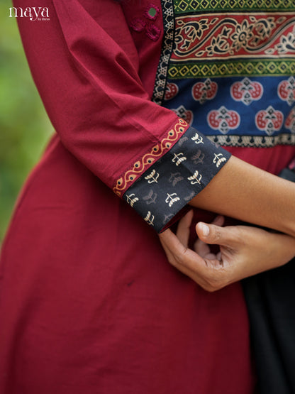 Bright Maroon & Black Cotton Salwar Suit with Embroidered Yoke Neck