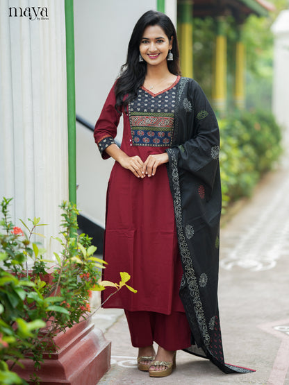 Bright Maroon & Black Cotton Salwar Suit with Embroidered Yoke Neck
