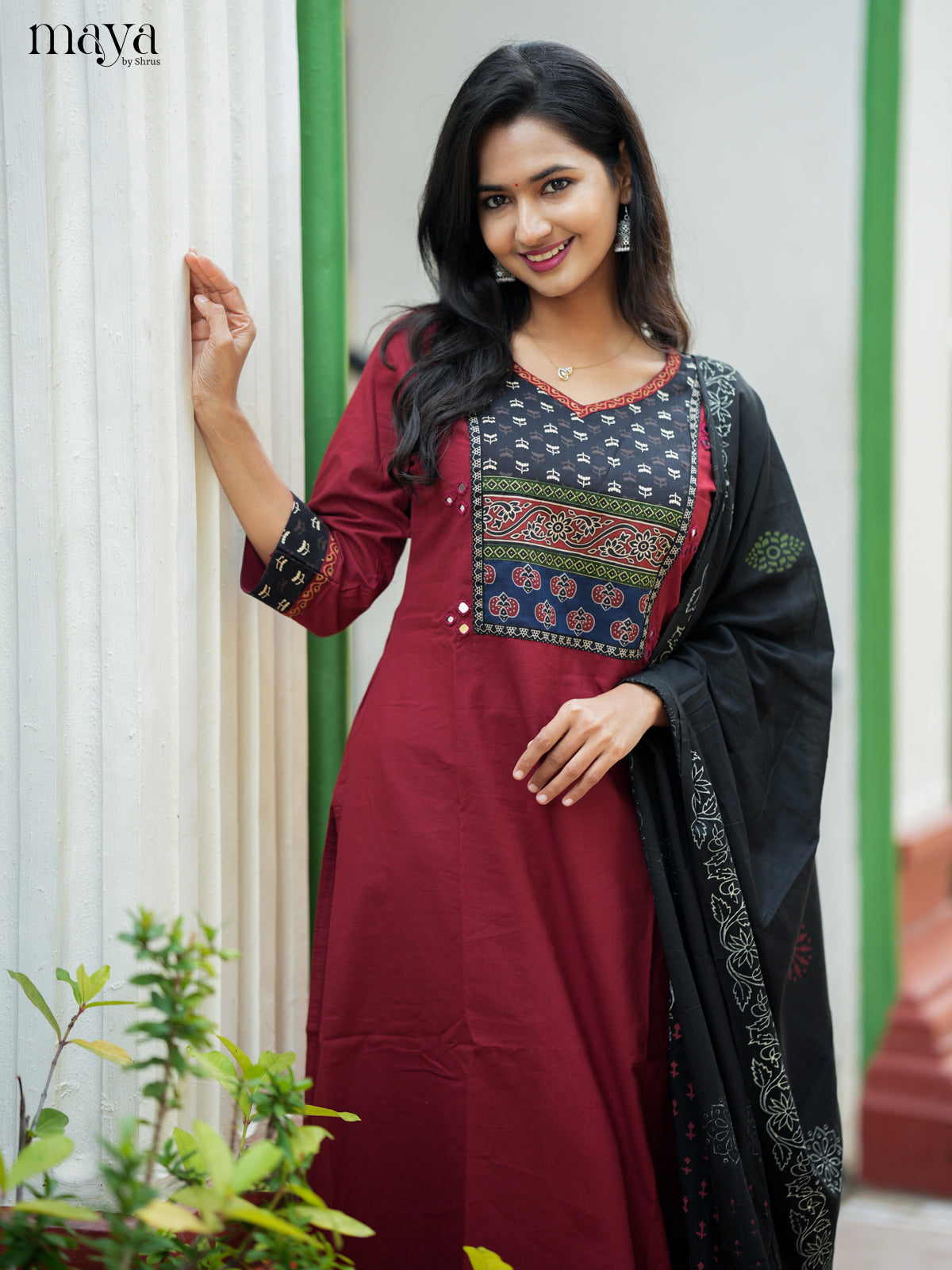 Bright Maroon & Black Cotton Salwar Suit with Embroidered Yoke Neck