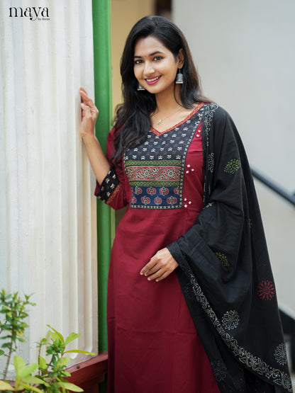 Bright Maroon & Black Cotton Salwar Suit with Embroidered Yoke Neck