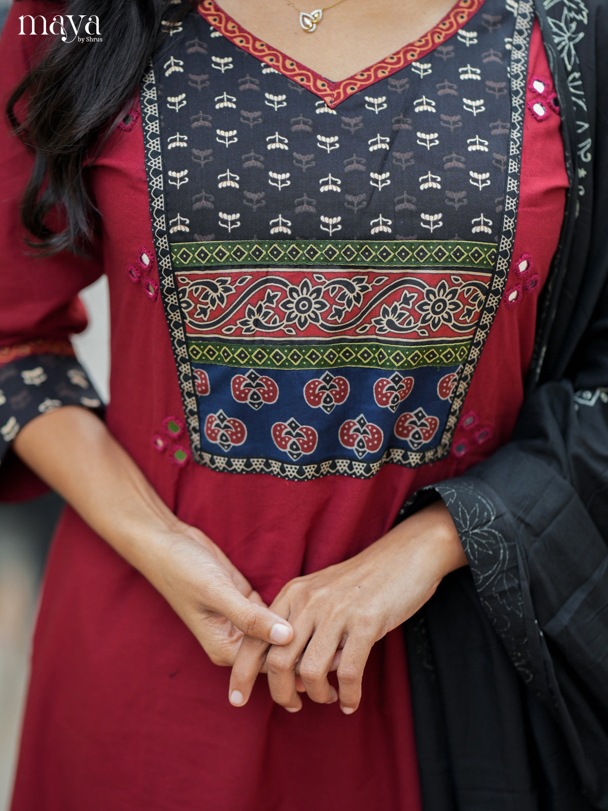Bright Maroon & Black Cotton Salwar Suit with Embroidered Yoke Neck