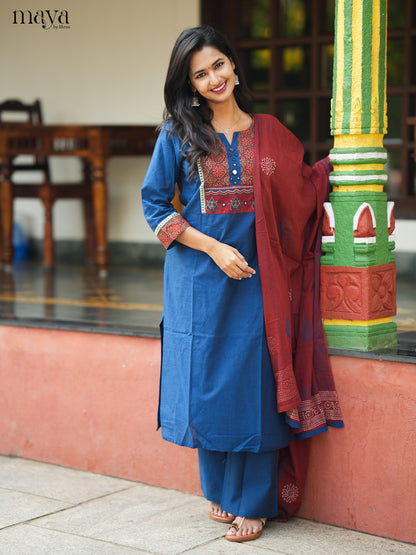 Vibrant Blue Salwar Suit Set with Ajrakh Printed Yoke Neck & Maroon Dupatta