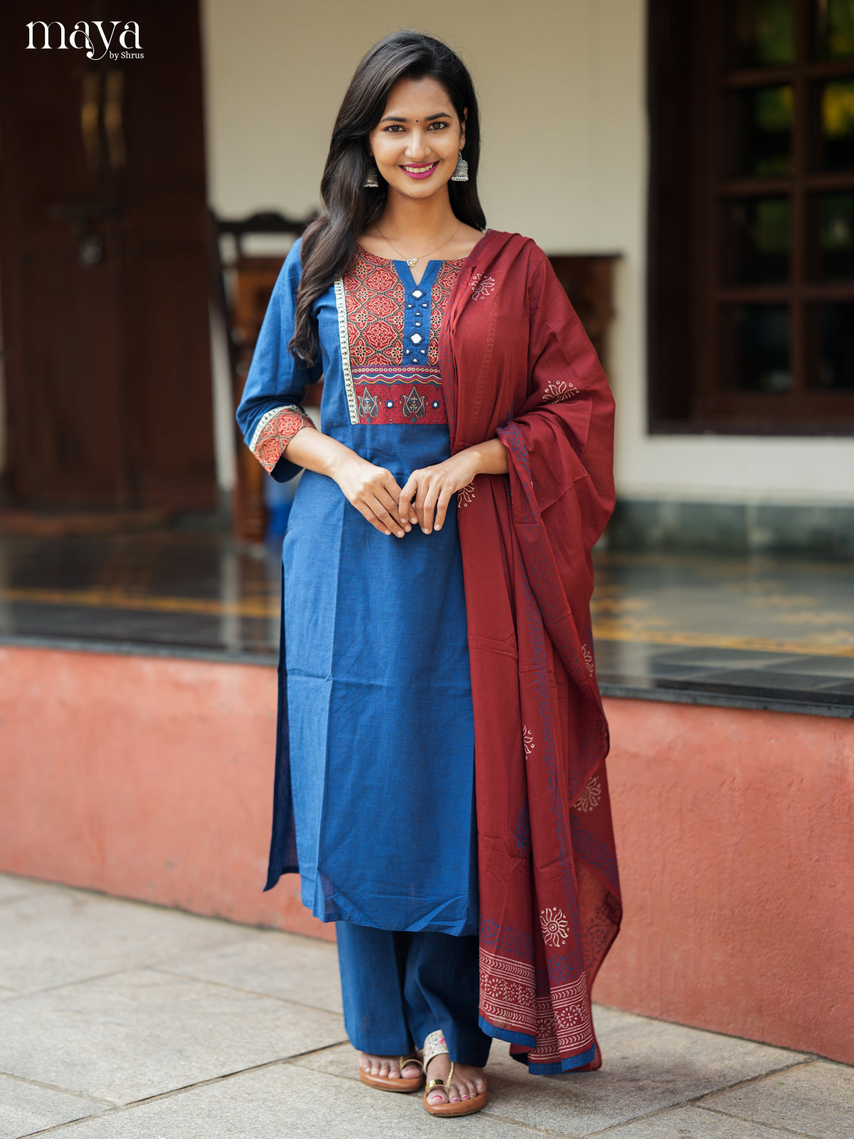 Vibrant Blue Salwar Suit Set with Ajrakh Printed Yoke Neck & Maroon Dupatta
