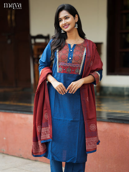 Vibrant Blue Salwar Suit Set with Ajrakh Printed Yoke Neck & Maroon Dupatta