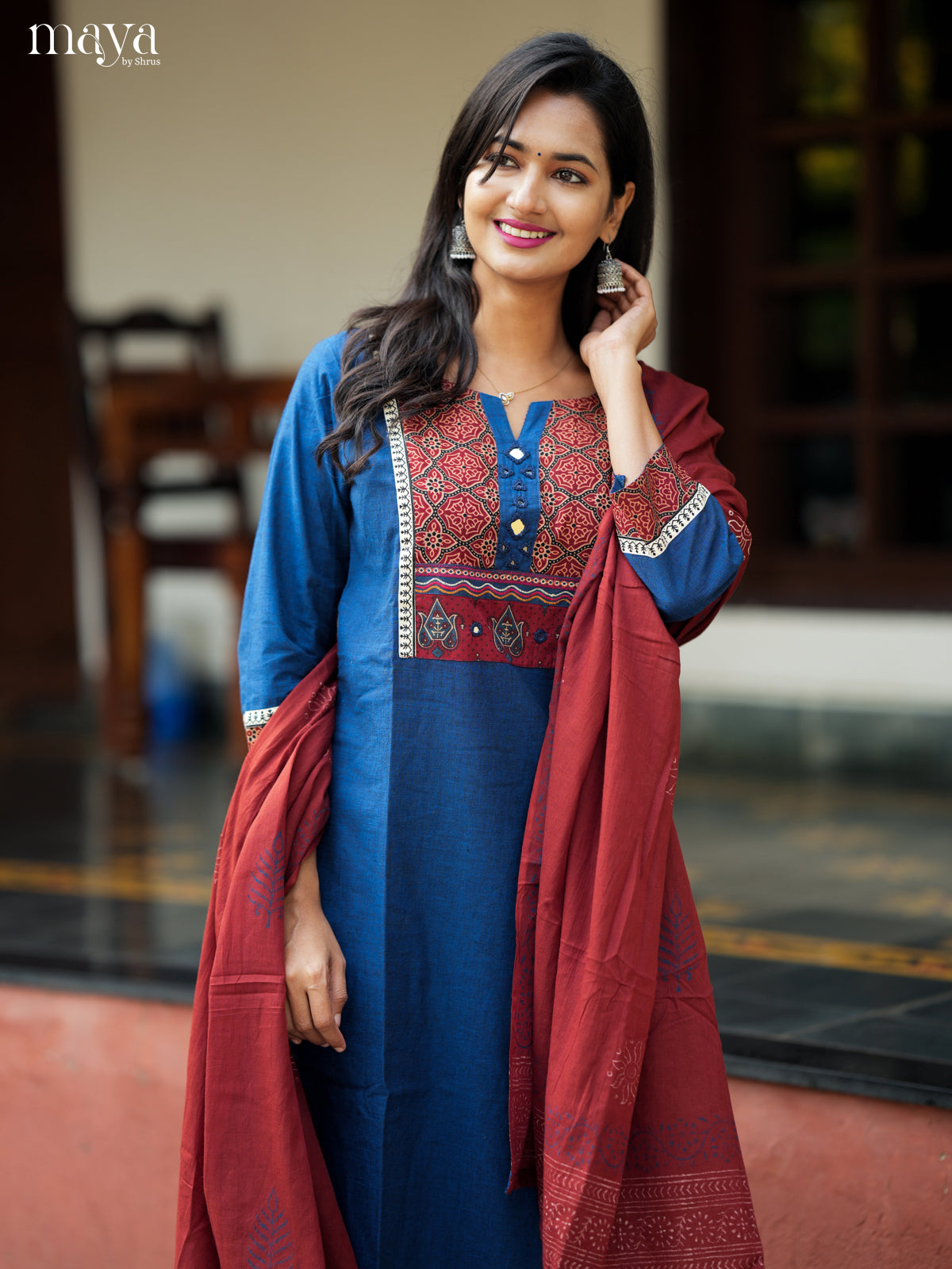 Vibrant Blue Salwar Suit Set with Ajrakh Printed Yoke Neck & Maroon Dupatta