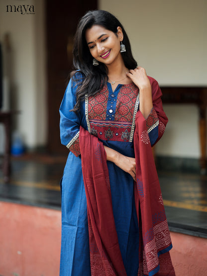 Vibrant Blue Salwar Suit Set with Ajrakh Printed Yoke Neck & Maroon Dupatta