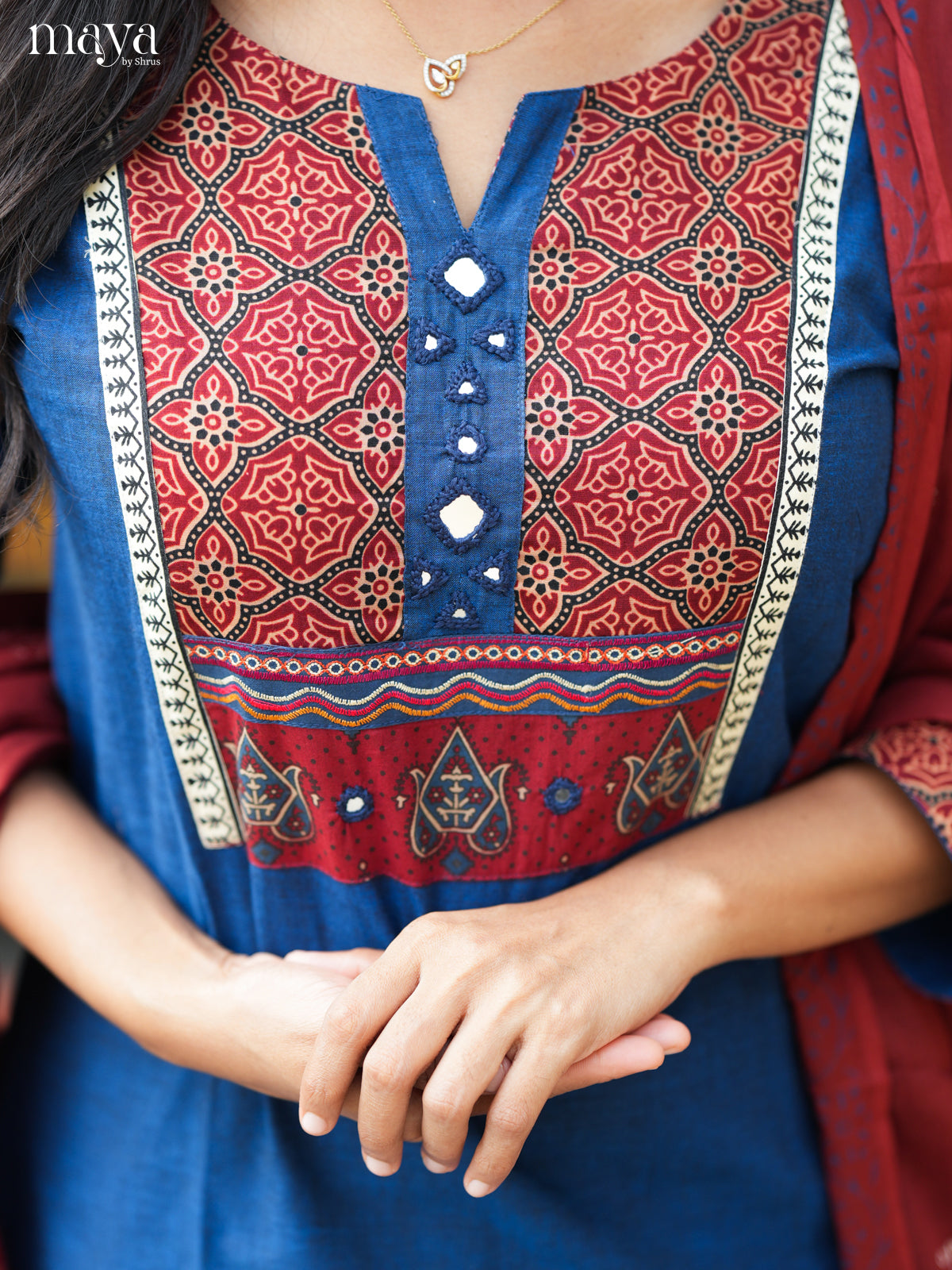 Vibrant Blue Salwar Suit Set with Ajrakh Printed Yoke Neck & Maroon Dupatta