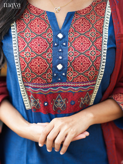 Vibrant Blue Salwar Suit Set with Ajrakh Printed Yoke Neck & Maroon Dupatta