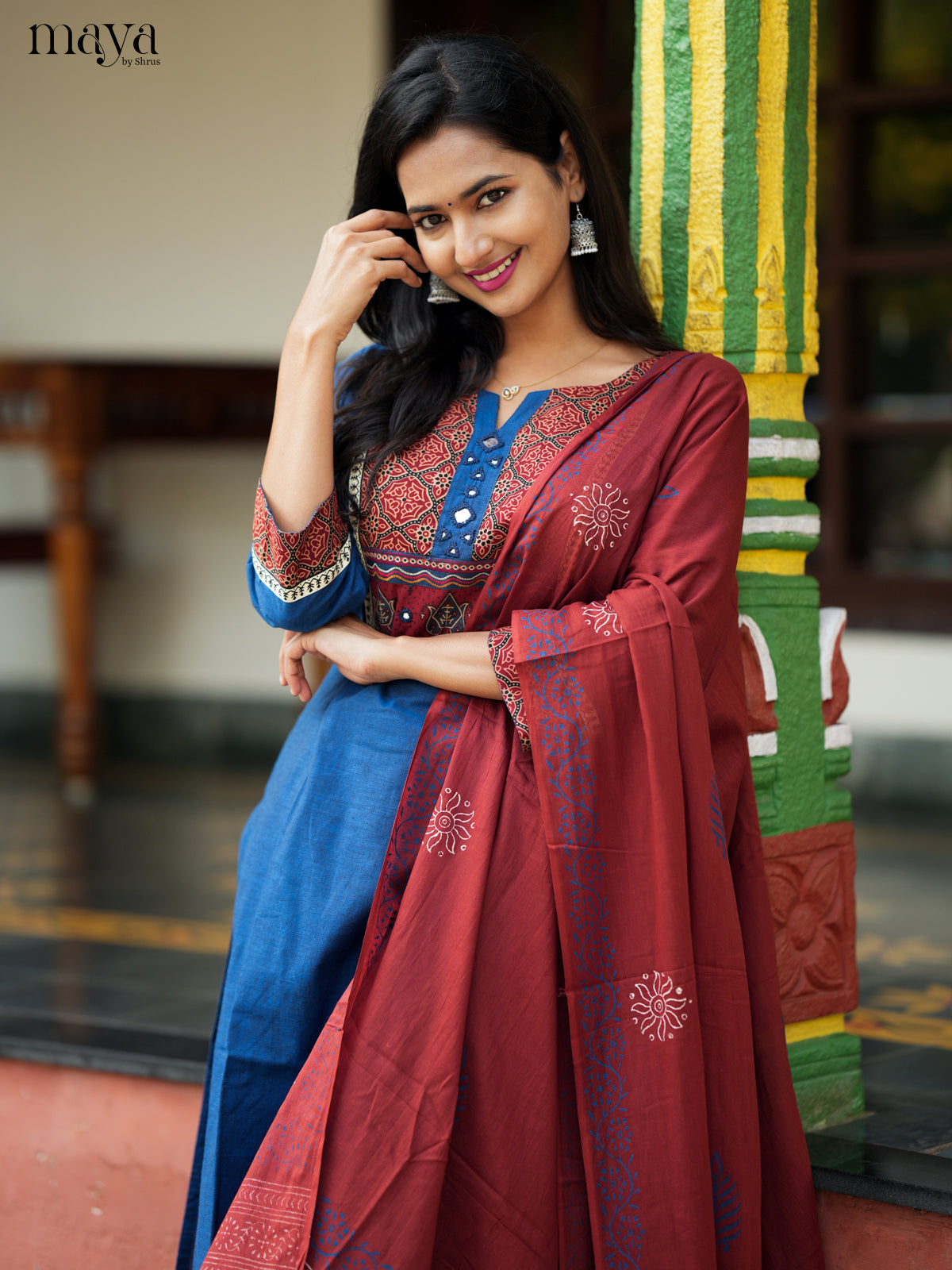 Vibrant Blue Salwar Suit Set with Ajrakh Printed Yoke Neck & Maroon Dupatta