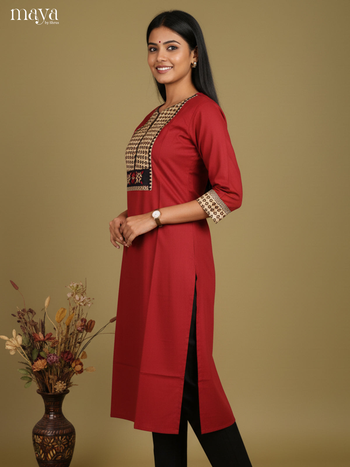 Red & Cream Readymade Kurti with ajrakh printed neck yoke