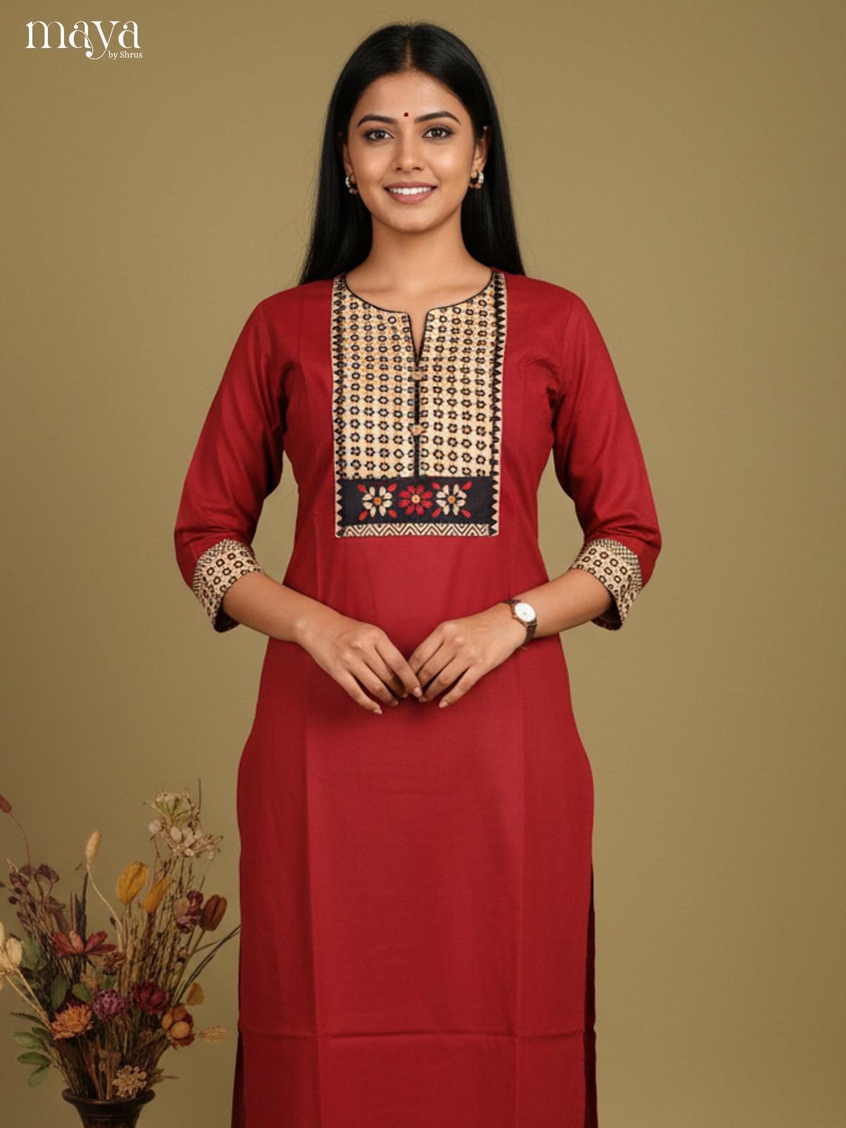 Red & Cream Readymade Kurti with ajrakh printed neck yoke
