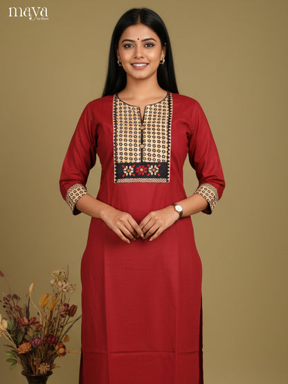 Red & Cream Readymade Kurti with ajrakh printed neck yoke