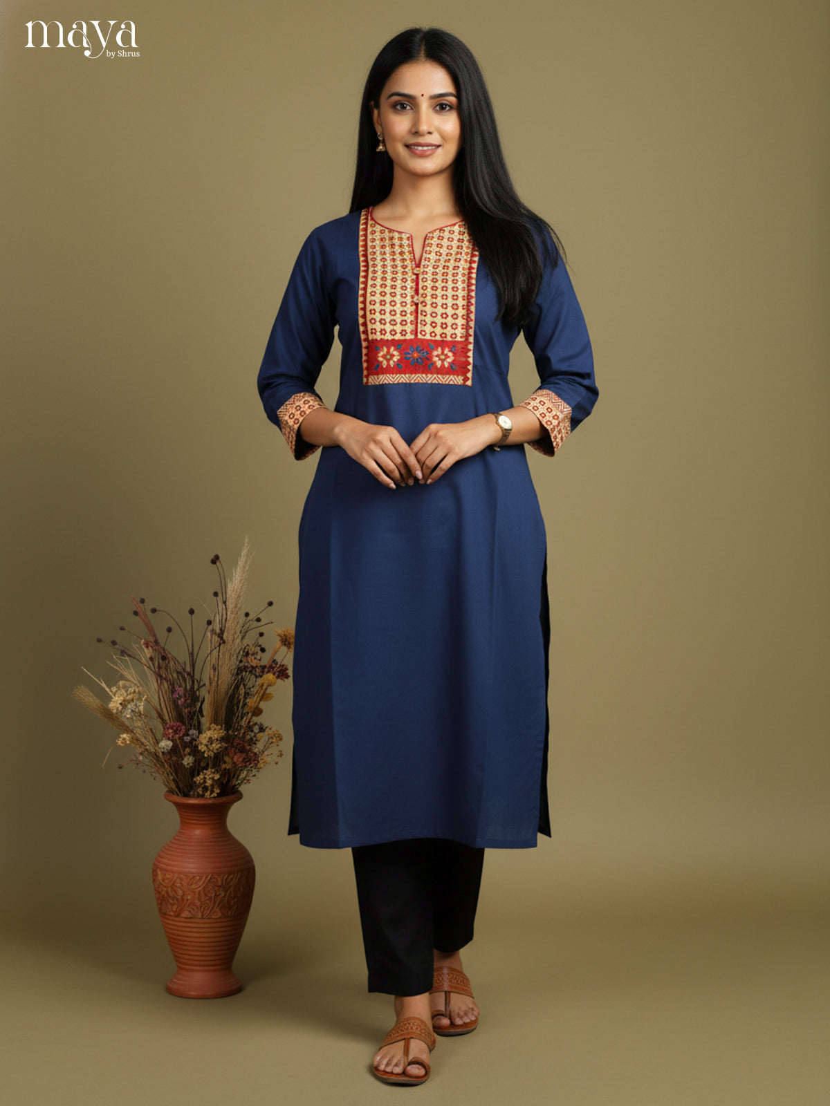 Blue & Cream Readymade Kurti with ajrakh printed neck yoke