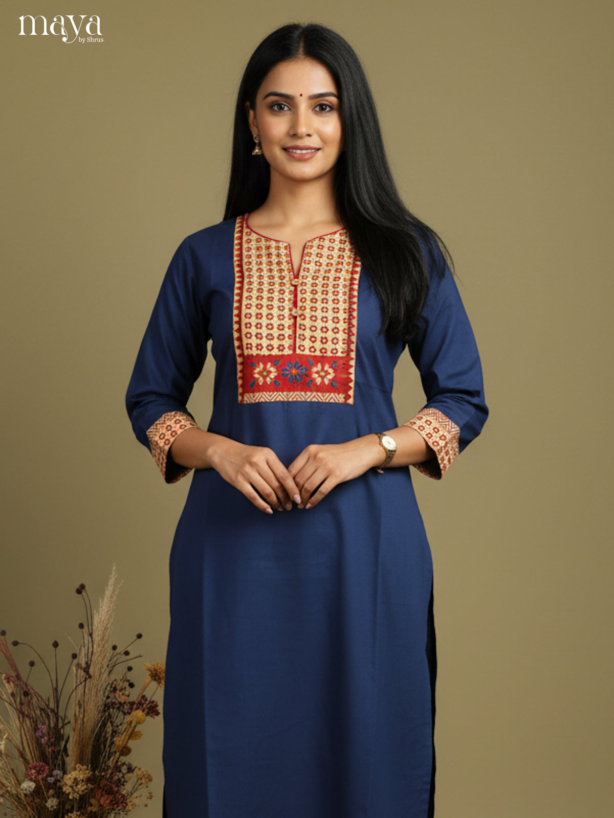 Blue & Cream Readymade Kurti with ajrakh printed neck yoke