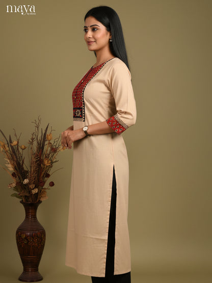 Beige & Red Readymade Kurti with ajrakh printed neck yoke
