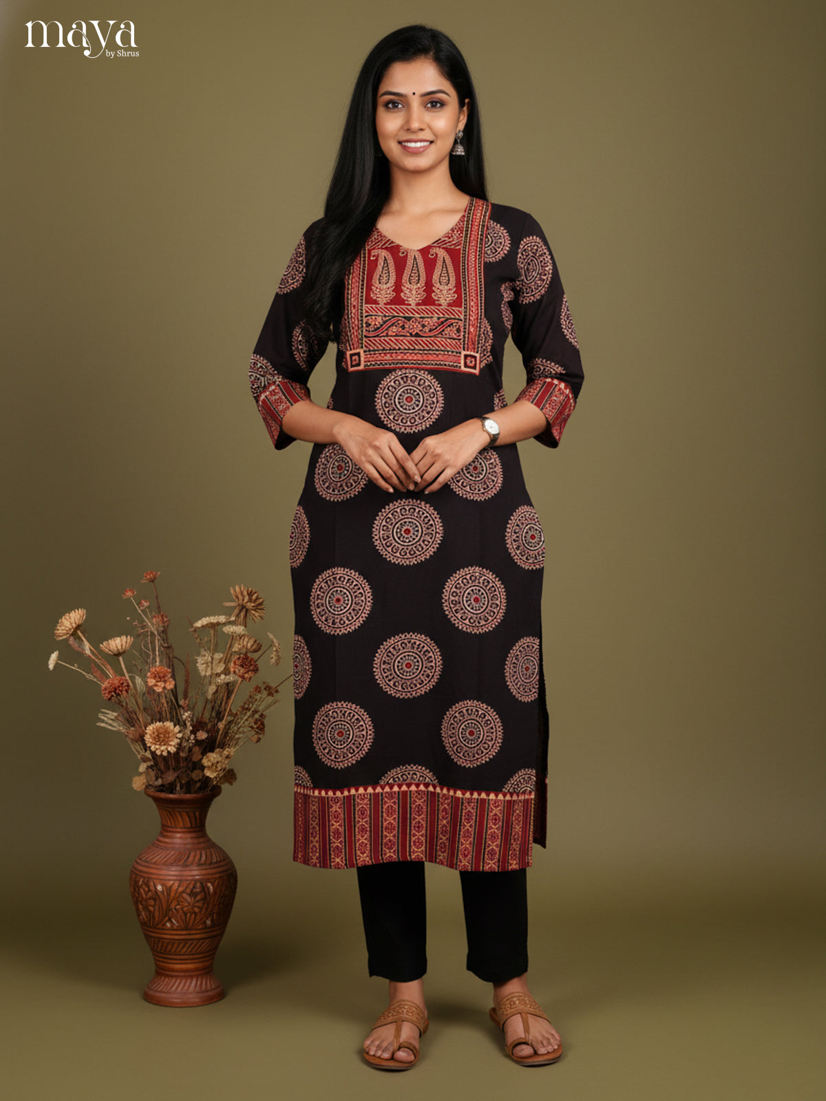 Black & Red ajrakh printed Readymade Kurti