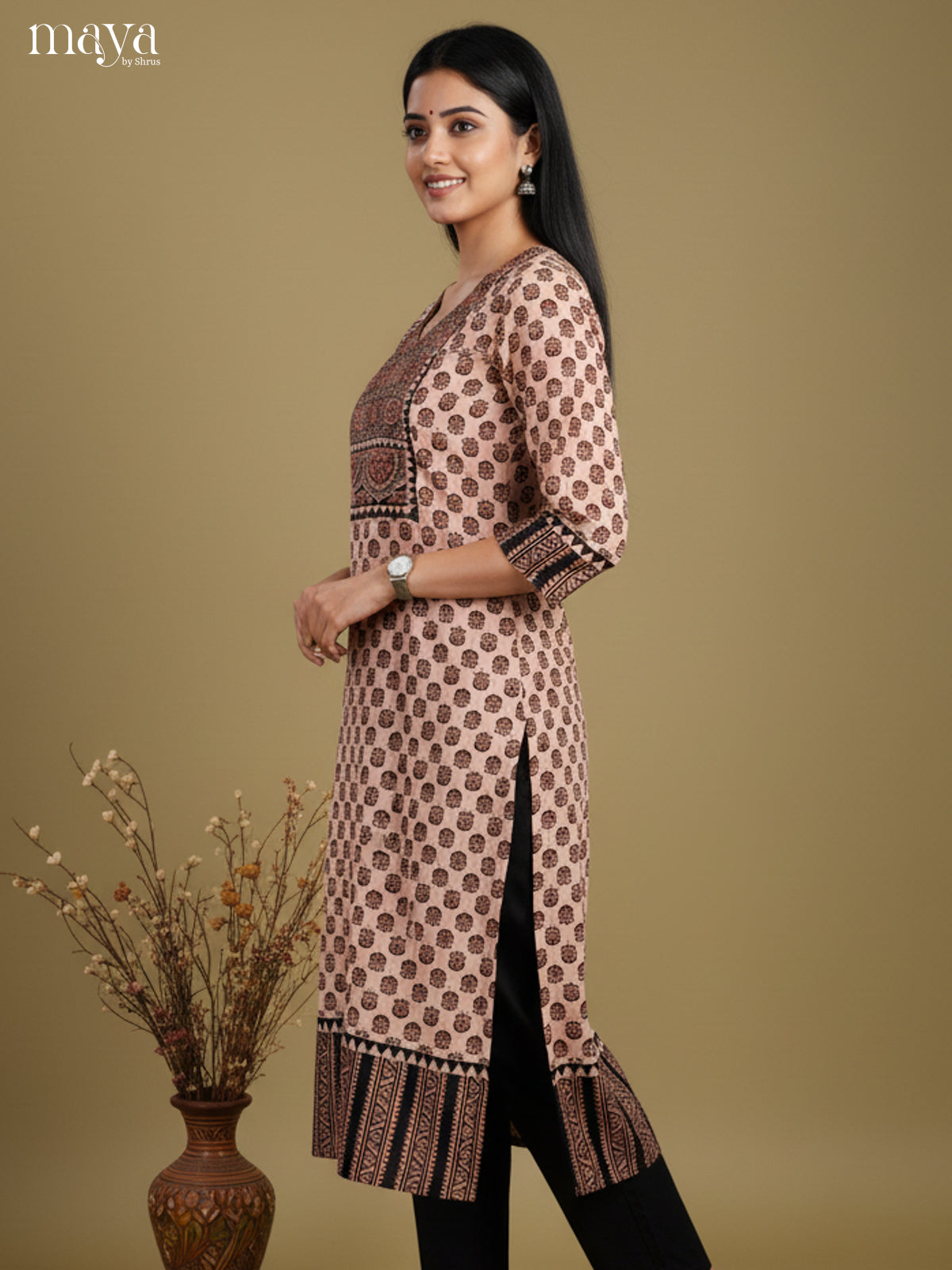 Grey & Black ajrakh printed Readymade Kurti