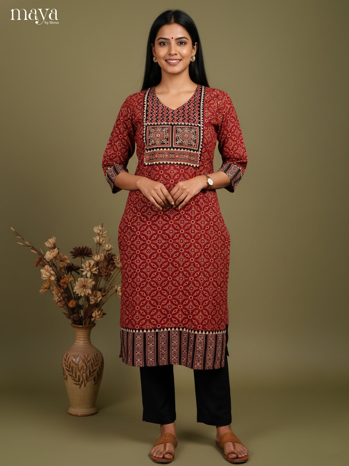 Maroon & Black ajrakh printed Readymade Kurti