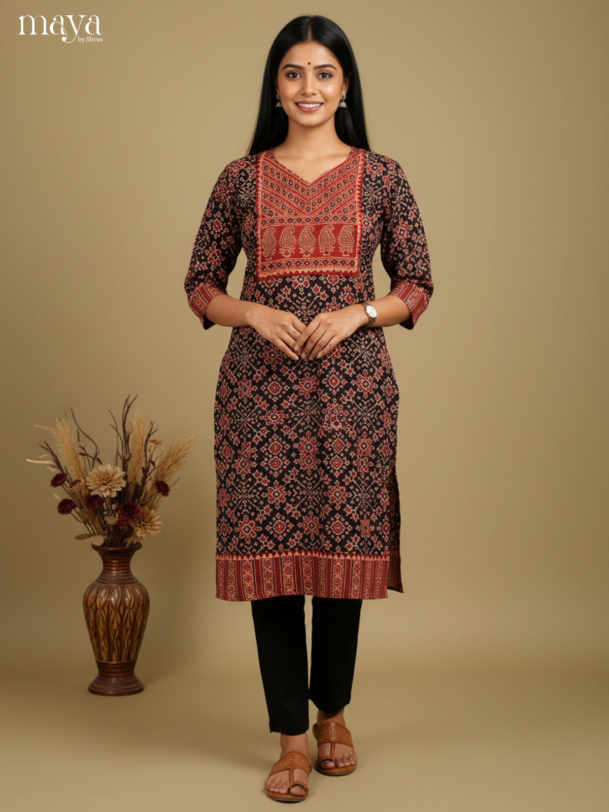 Black & Red ajrakh printed Readymade Kurti