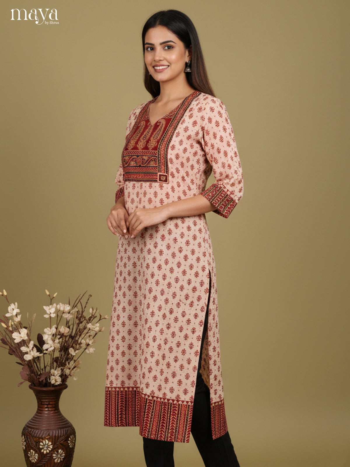 Cream  & Red ajrakh printed Readymade Kurti 1