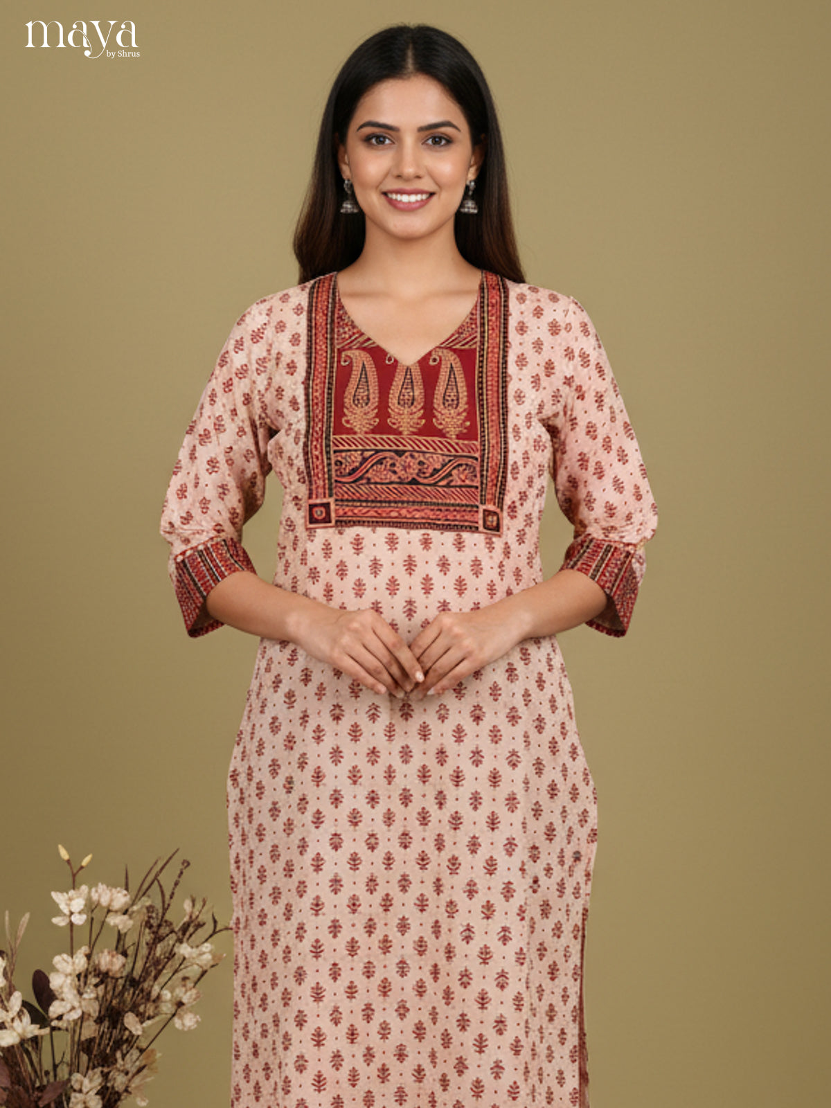 Cream  & Red ajrakh printed Readymade Kurti 2