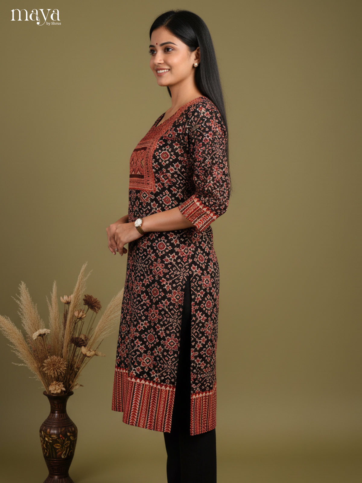 Black & Maroon ajrakh floral printed Readymade Kurti