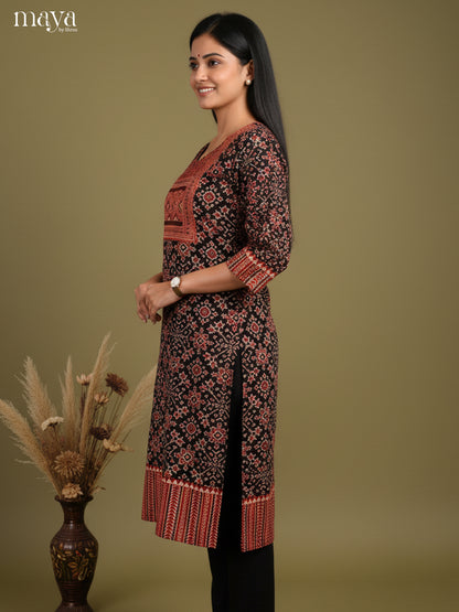 Black & Maroon ajrakh floral printed Readymade Kurti