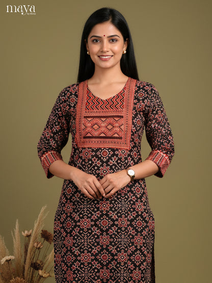 Black & Maroon ajrakh floral printed Readymade Kurti