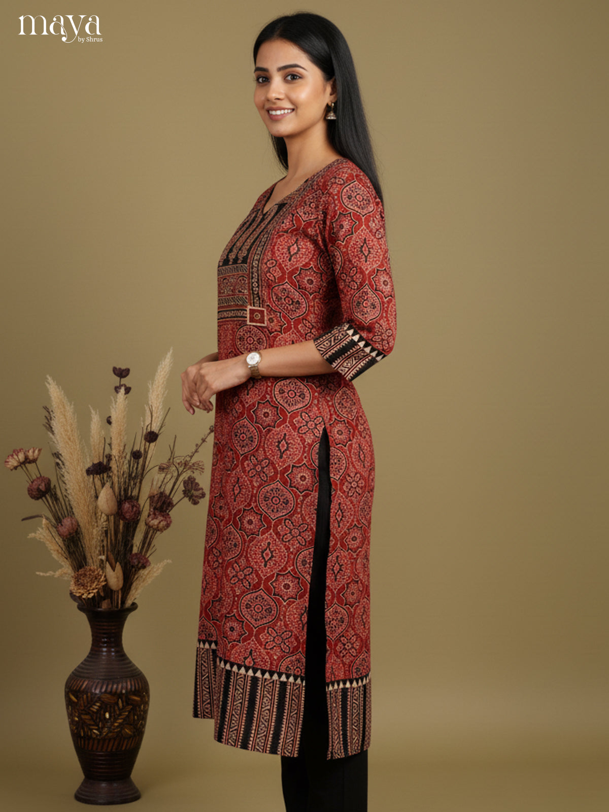 Maroon & Black ajrakh printed Readymade Kurti