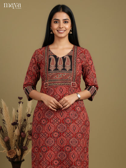 Maroon & Black ajrakh printed Readymade Kurti