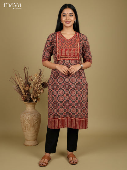 Black & Red ajrakh floral printed Readymade Kurti
