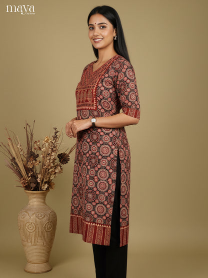 Black & Red ajrakh floral printed Readymade Kurti