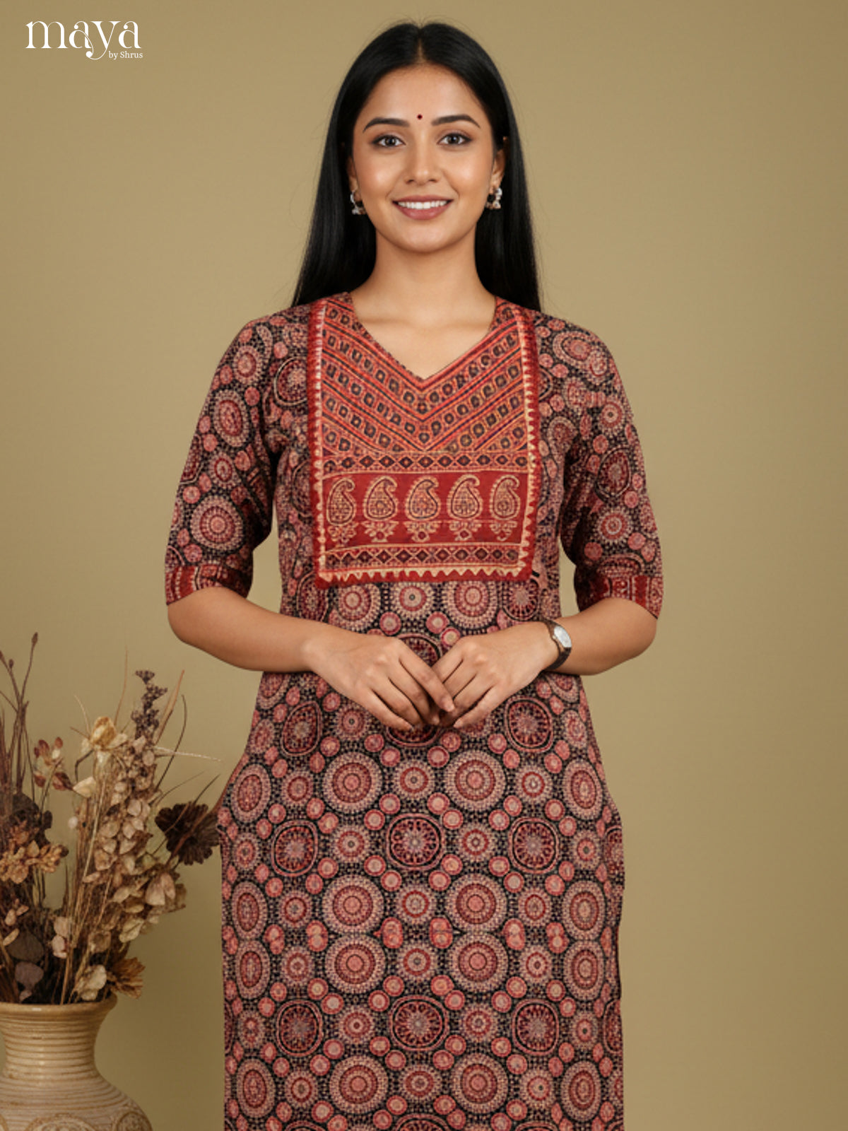 Black & Red ajrakh floral printed Readymade Kurti