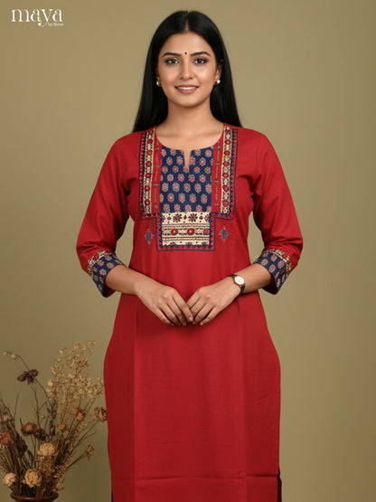 Red & Blue Readymade Kurti with ajrakh printed neckyoke