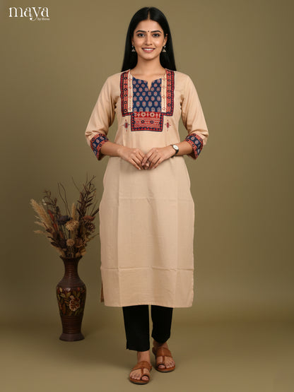 Beige & Blue Readymade Kurti with ajrakh printed neck yoke