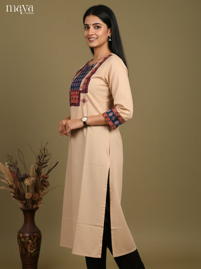 Beige & Blue Readymade Kurti with ajrakh printed neck yoke