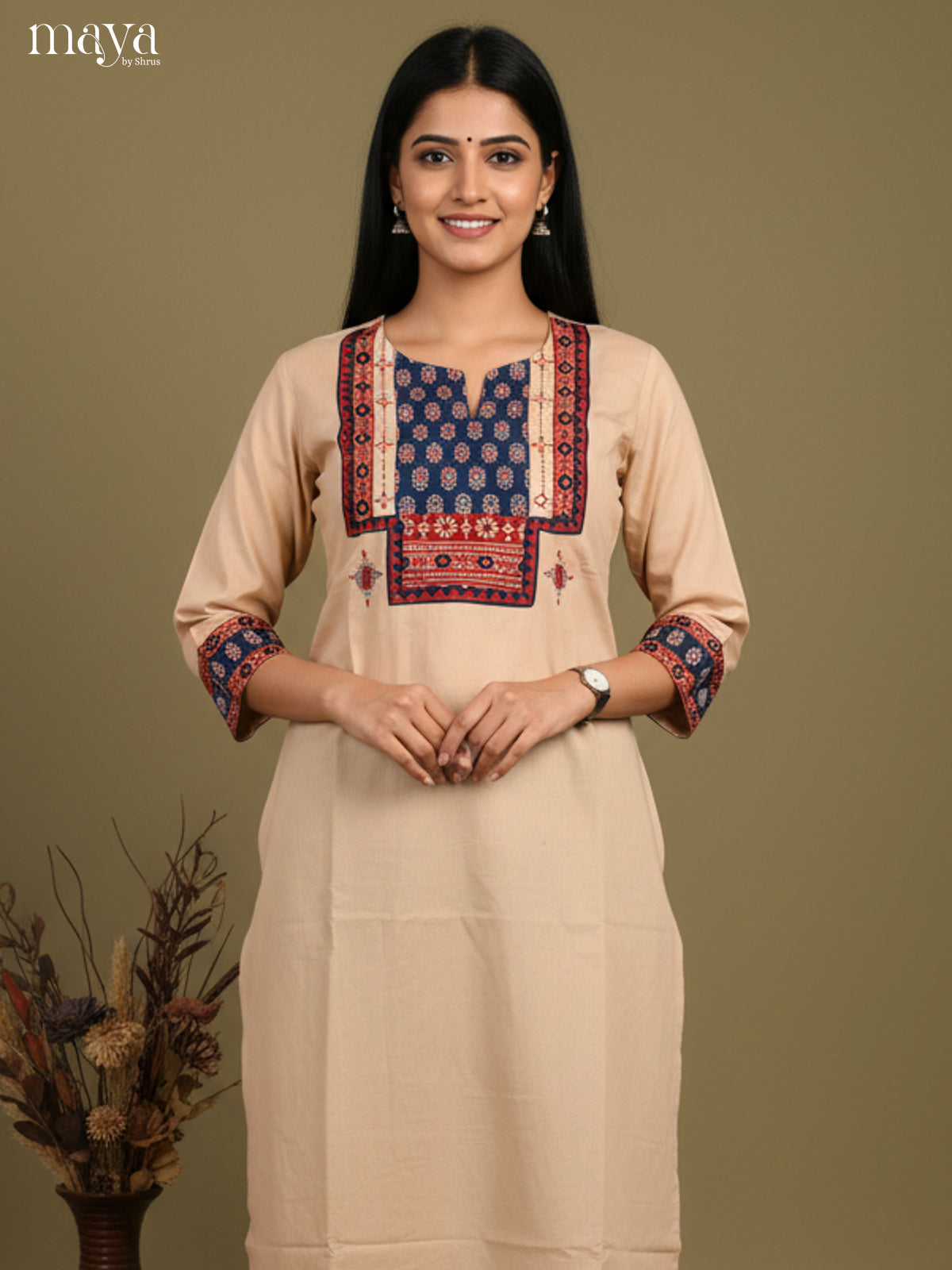Beige & Blue Readymade Kurti with ajrakh printed neck yoke