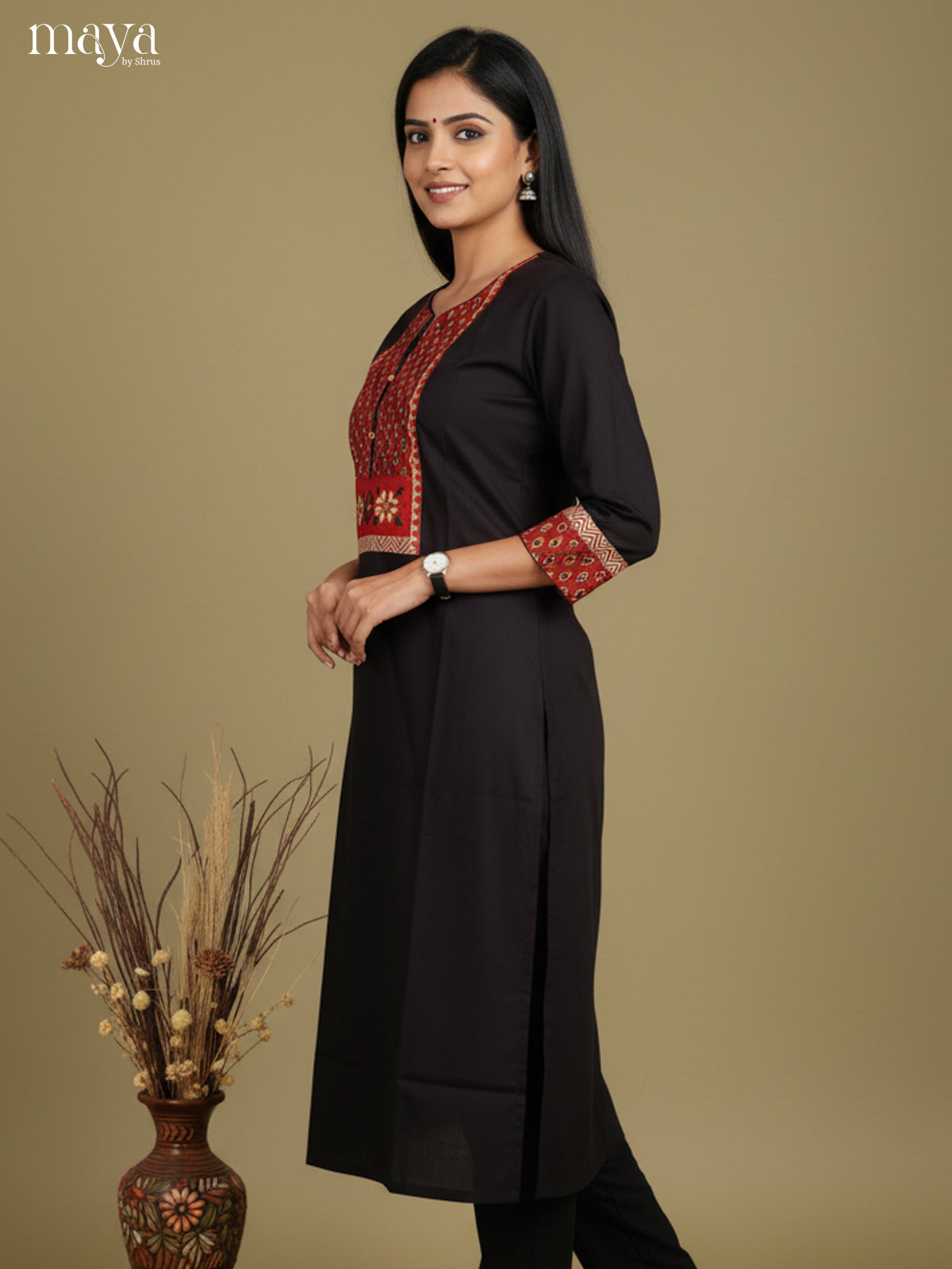 Black & Red Cotton Readymade Kurti with floral neck yoke